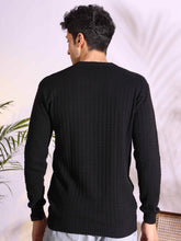 V-neck Black Pure Cotton Textured Men's Knitted T-Shirt